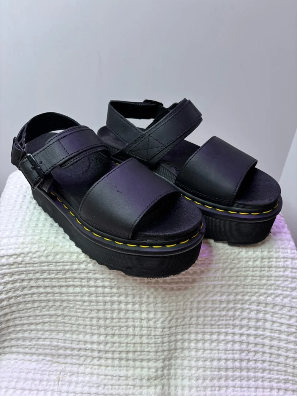 Dr. Martens Voss Quad Black Platform Sandals with Yellow Stitching Size 7